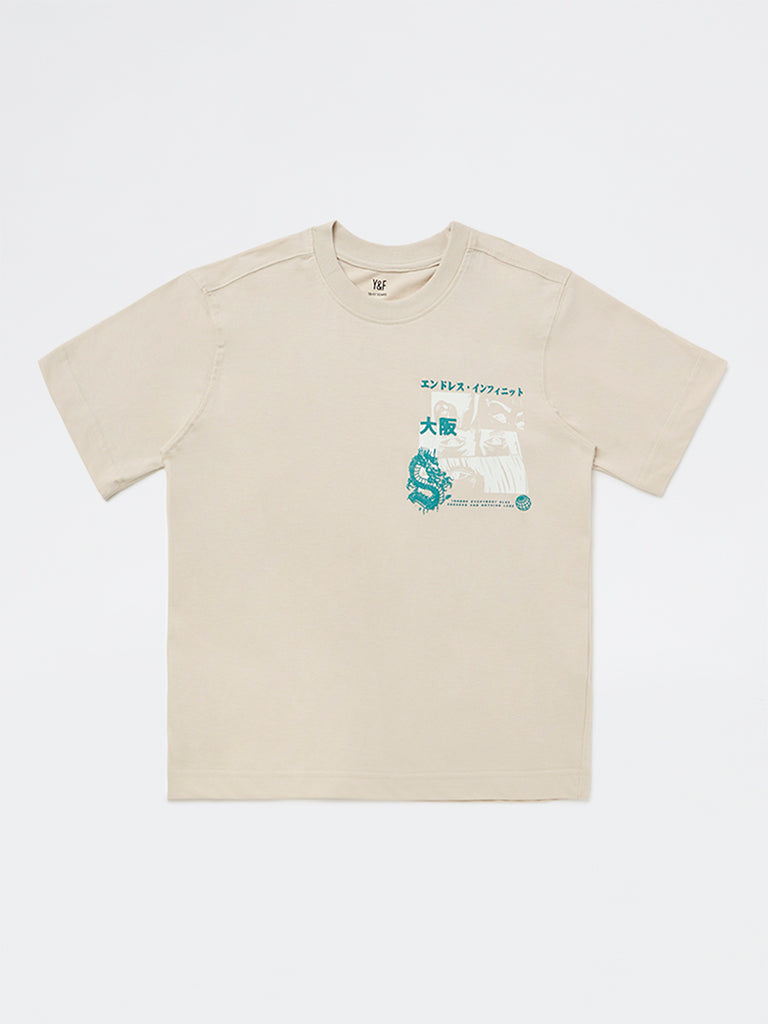 Y&F Kids Boys Light Beige Graphic Printed Cotton T-Shirt