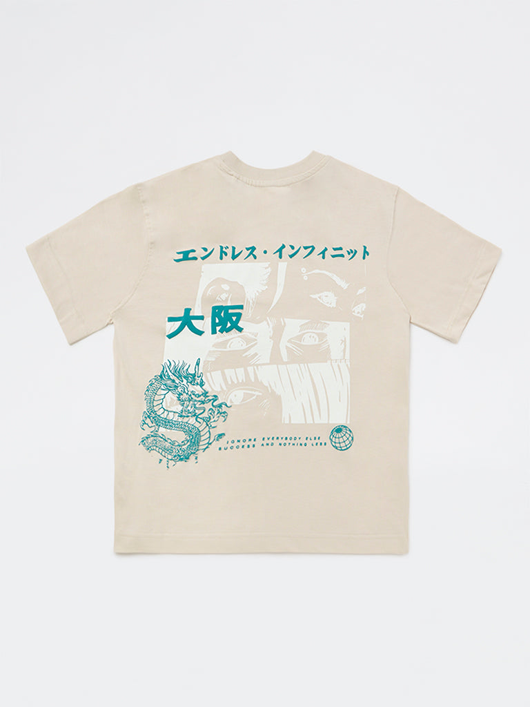 Y&F Kids Boys Light Beige Graphic Printed Cotton T-Shirt