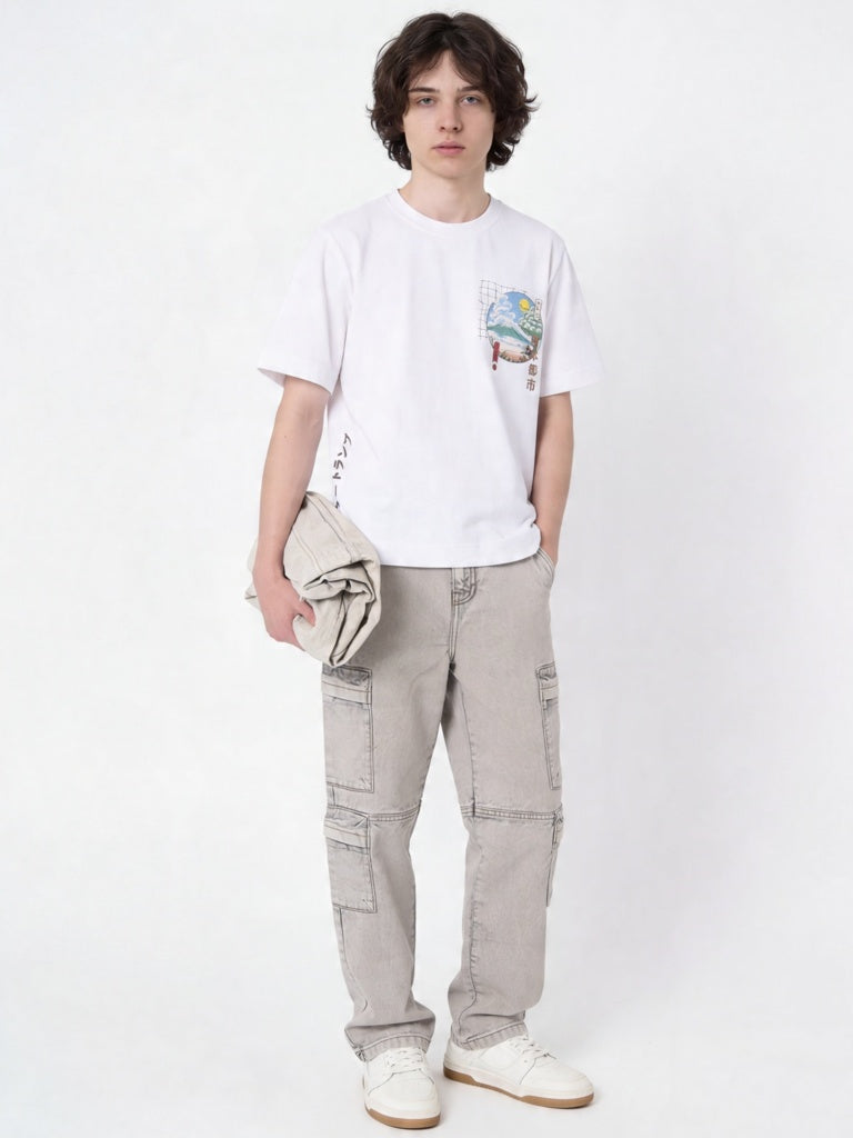 Y&F Kids Boys Off-White Scenic-Inspired Cotton T-Shirt