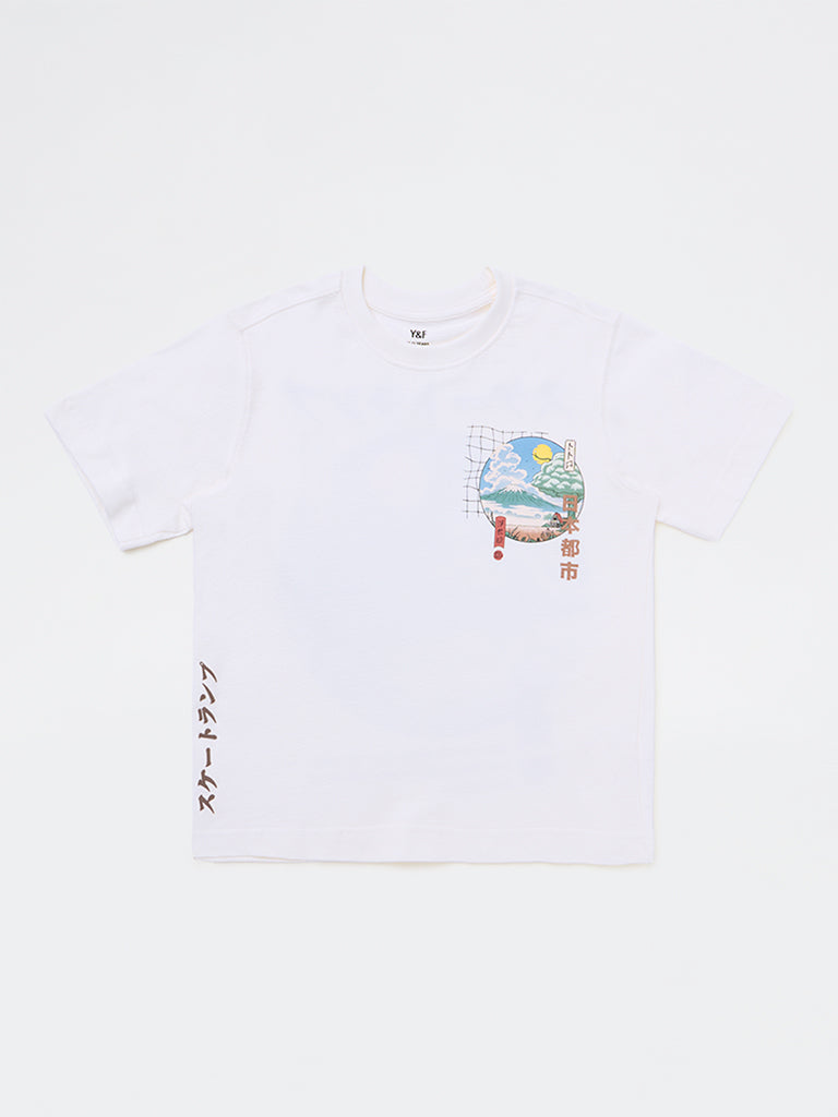 Y&F Kids Boys Off-White Scenic-Inspired Cotton T-Shirt