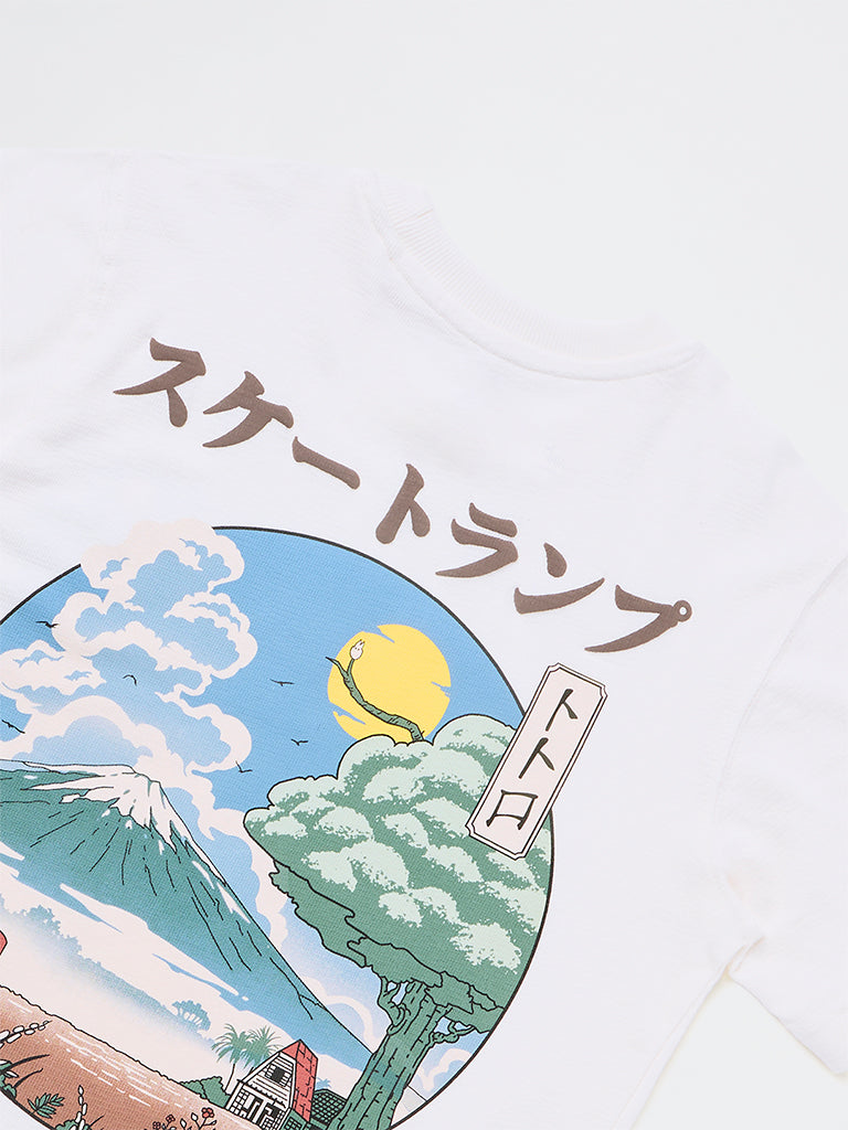 Y&F Kids Boys Off-White Scenic-Inspired Cotton T-Shirt