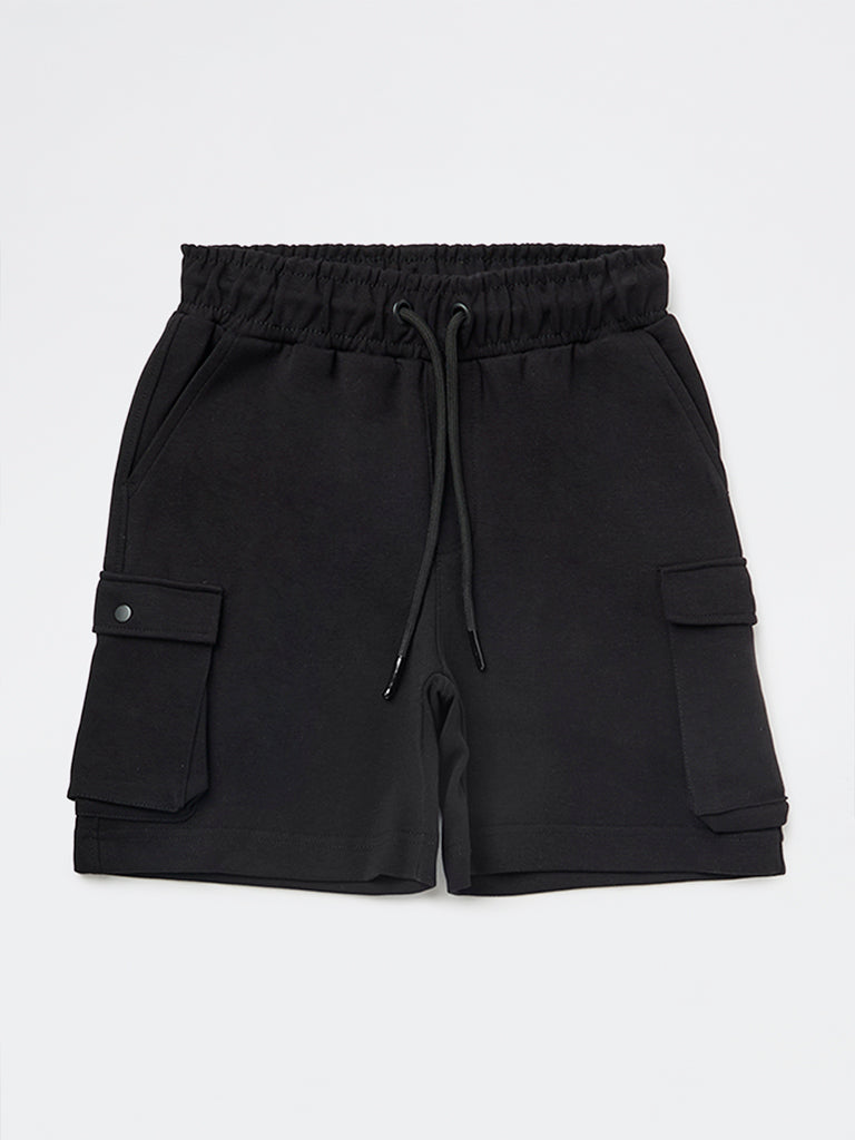 Y&F Kids Boys Black Mid-Rise Cotton-Blend Shorts