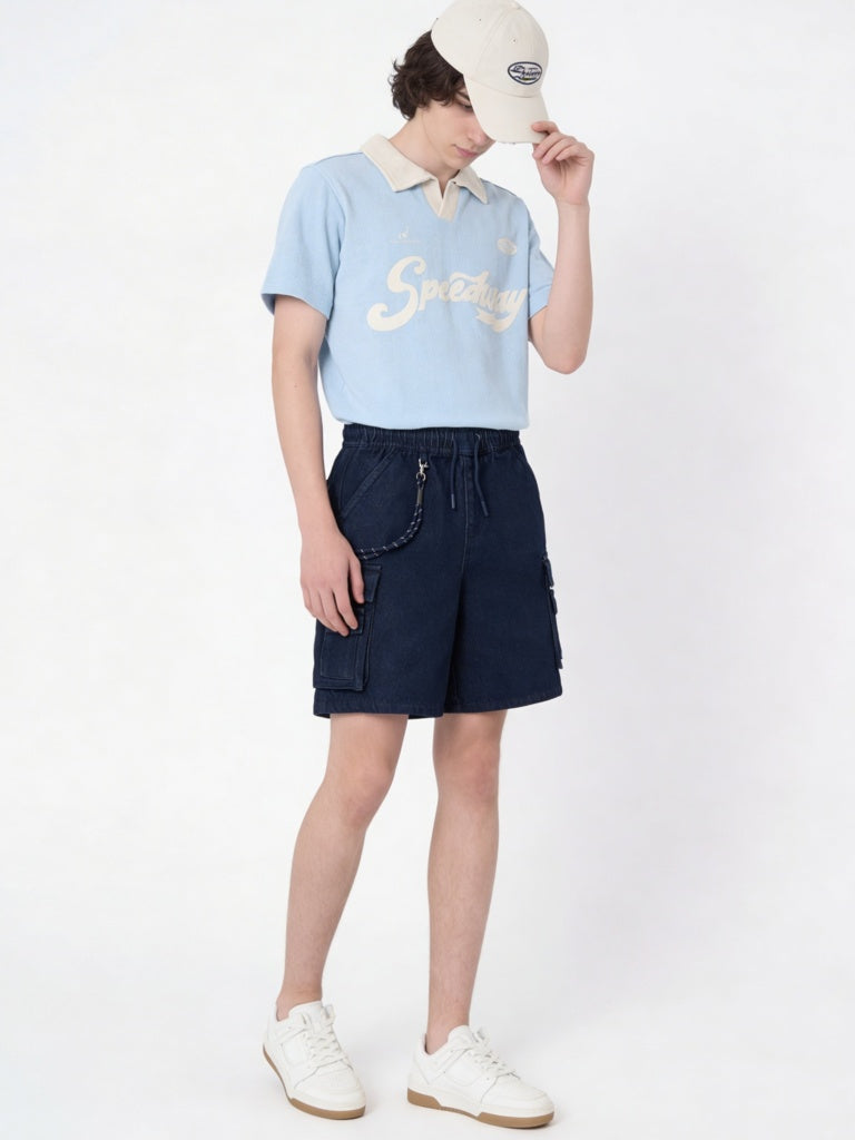 Y&F Kids Boys Dark Blue Mid-Rise Denim Chain-detailed Shorts