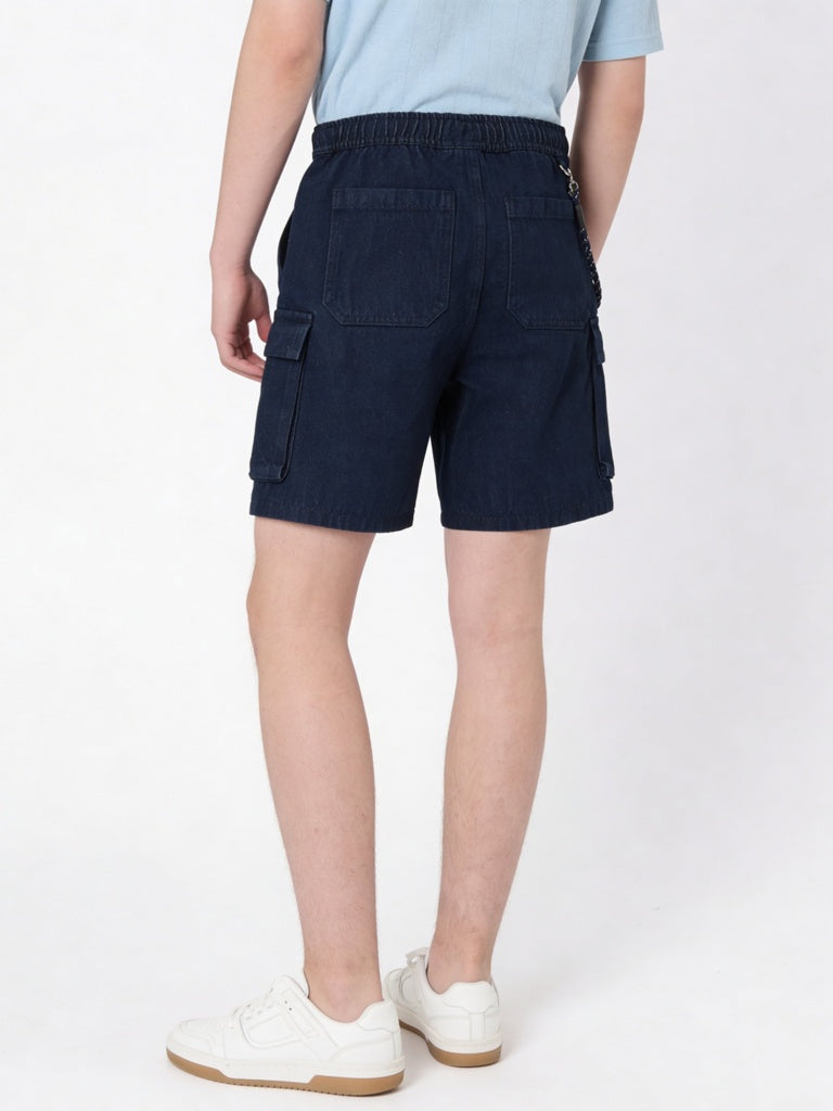 Y&F Kids Boys Dark Blue Mid-Rise Denim Chain-detailed Shorts
