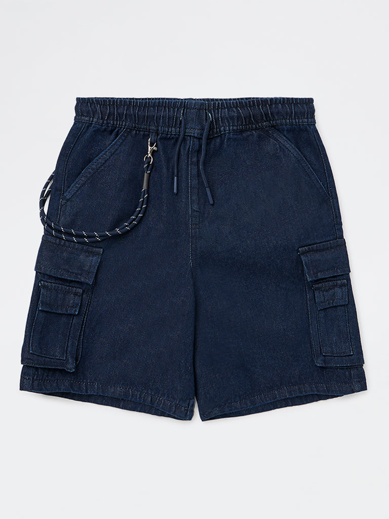 Y&F Kids Boys Dark Blue Mid-Rise Denim Chain-detailed Shorts