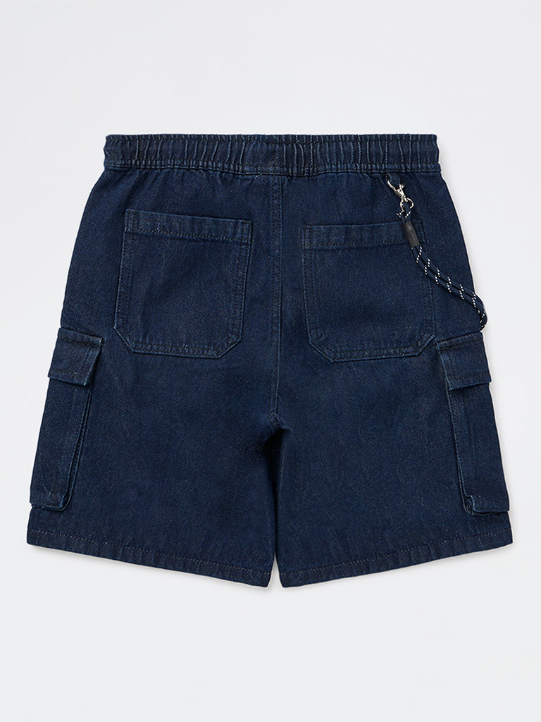 Y&F Kids Boys Dark Blue Mid-Rise Denim Chain-detailed Shorts
