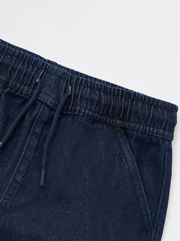 Y&F Kids Boys Dark Blue Mid-Rise Denim Chain-detailed Shorts