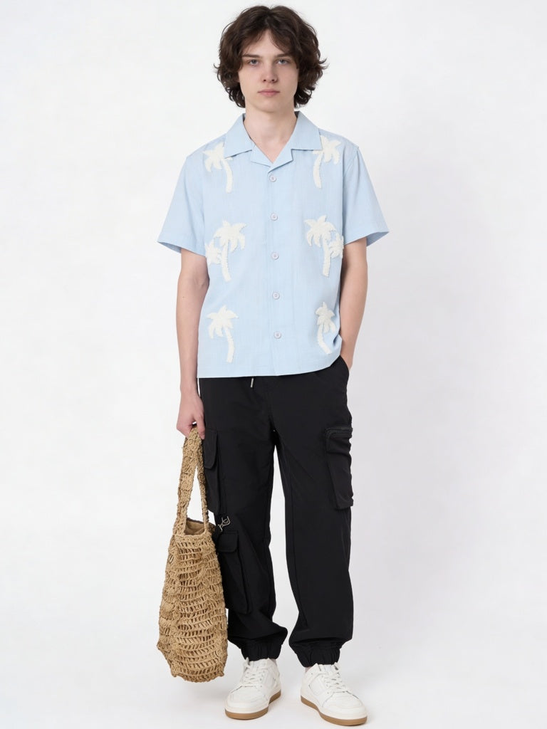 Y&F Kids Boys Light Blue Tropical Embroidered Cotton Shirt