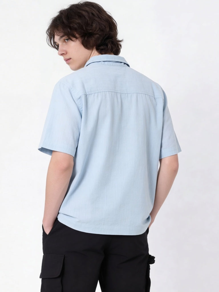Y&F Kids Boys Light Blue Tropical Embroidered Cotton Shirt