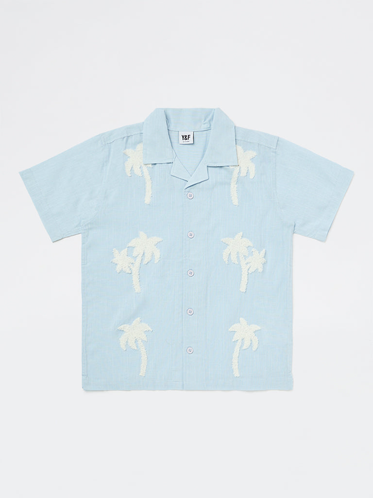 Y&F Kids Boys Light Blue Tropical Embroidered Cotton Shirt