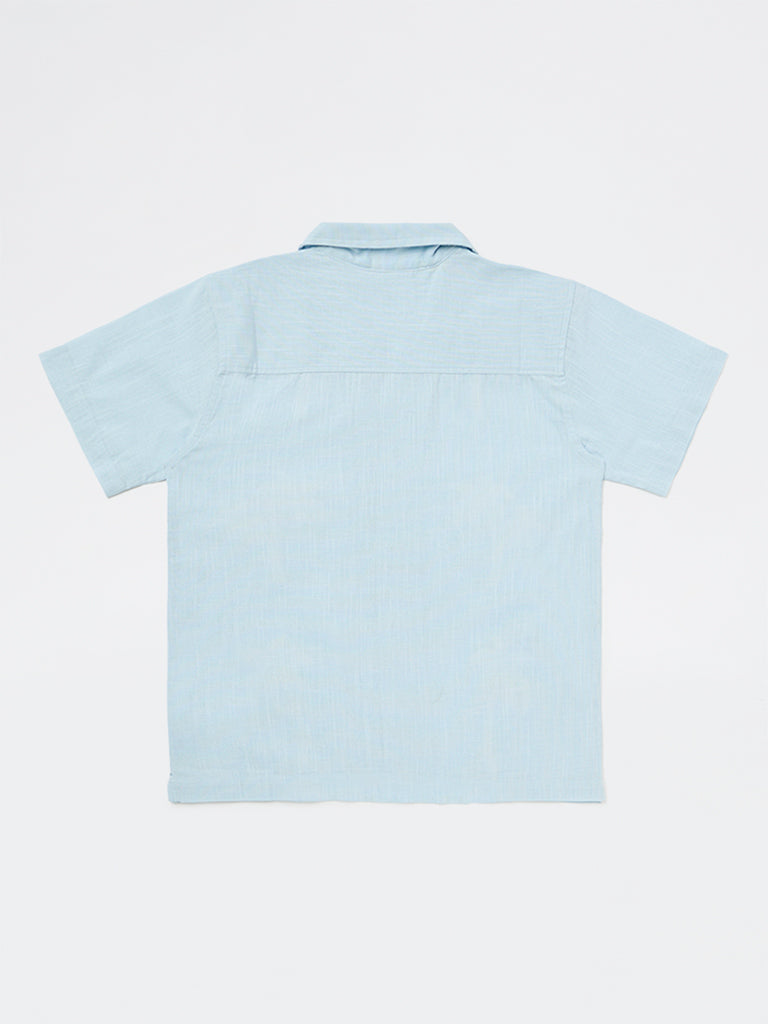 Y&F Kids Boys Light Blue Tropical Embroidered Cotton Shirt