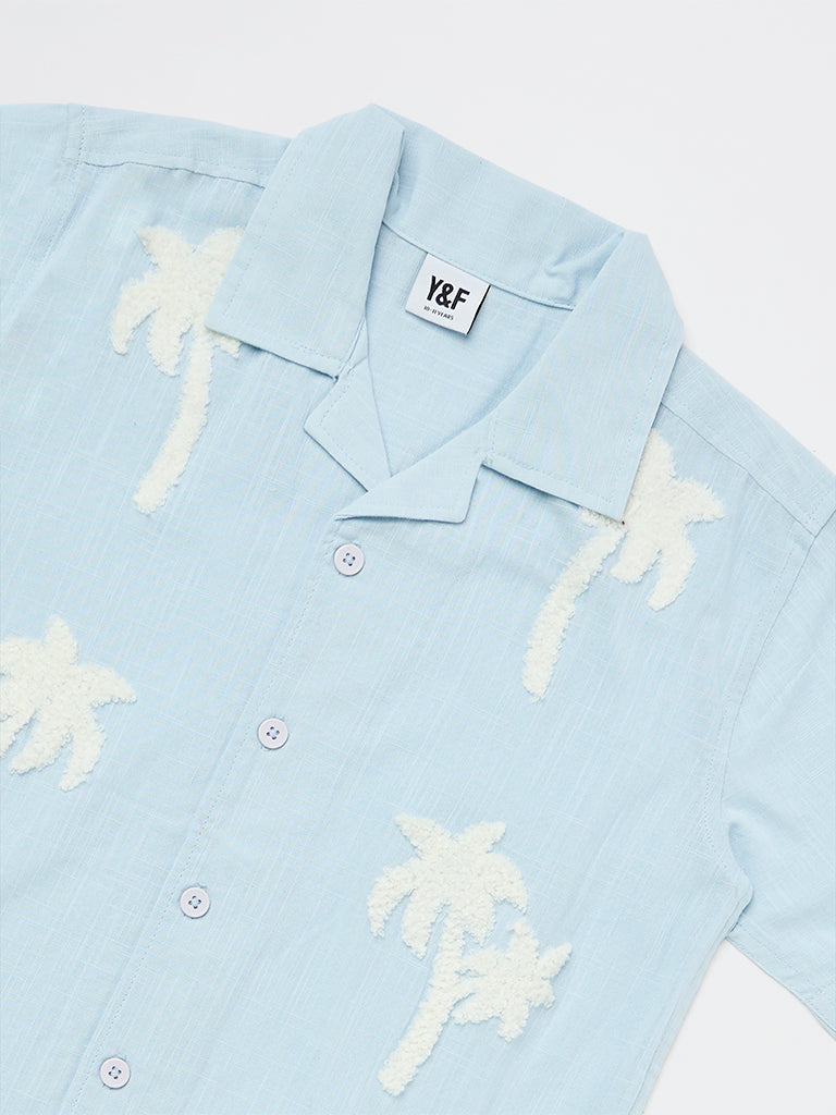 Y&F Kids Boys Light Blue Tropical Embroidered Cotton Shirt