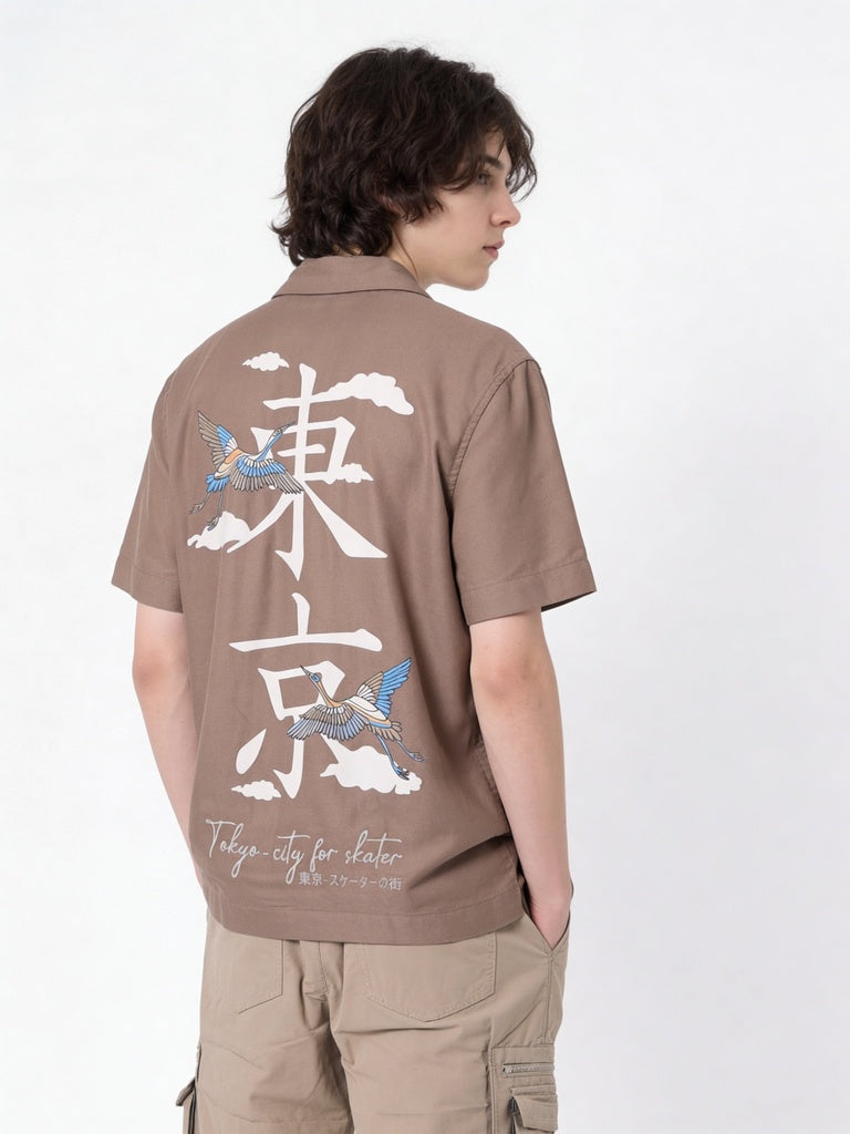 Y&F Kids Boys Taupe Printed Shirt