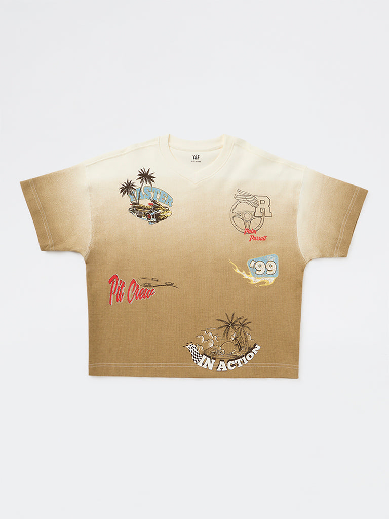Y&F Kids Boys Taupe Graphic Printed Cotton T-Shirt