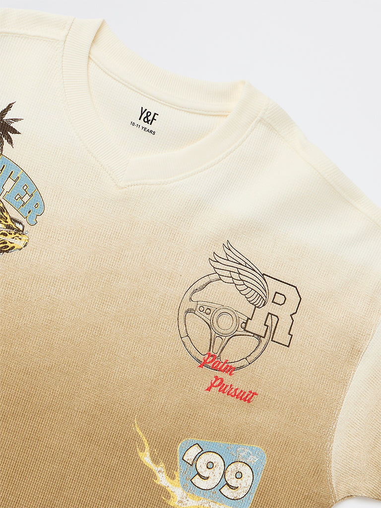Y&F Kids Boys Taupe Graphic Printed Cotton T-Shirt