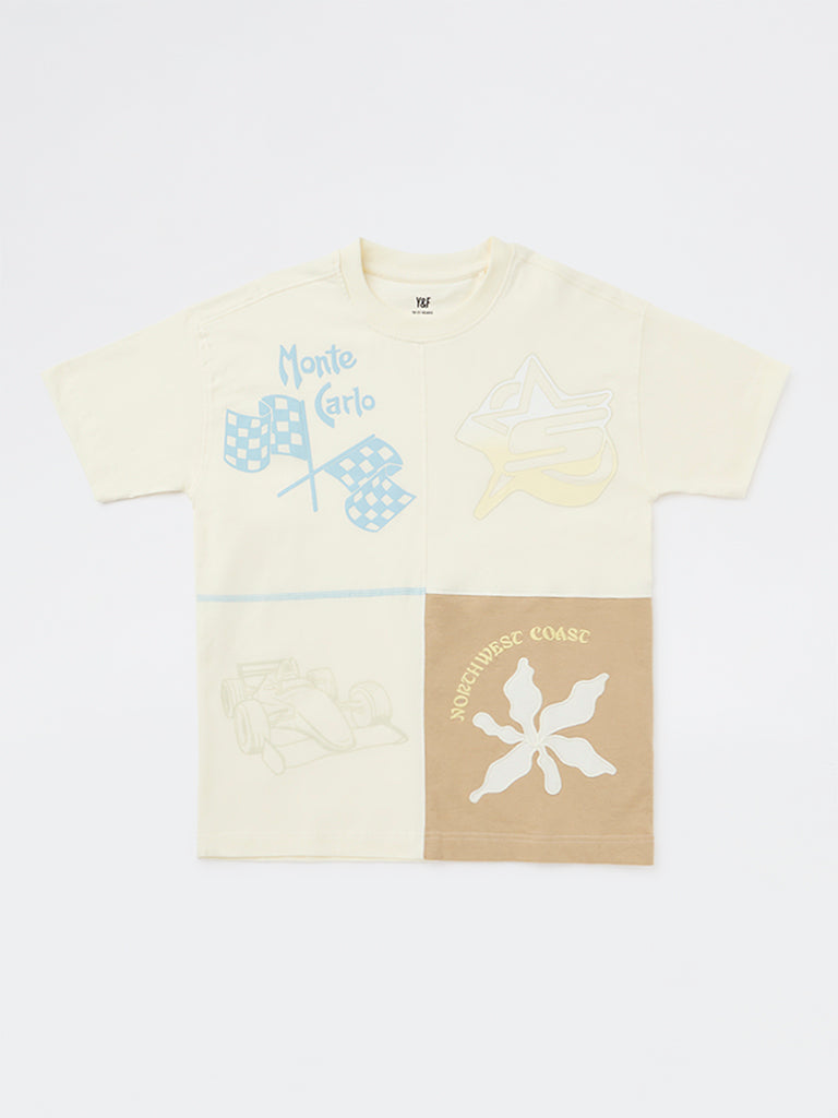 Y&F Kids Boys Off-White Printed Cotton T-Shirt