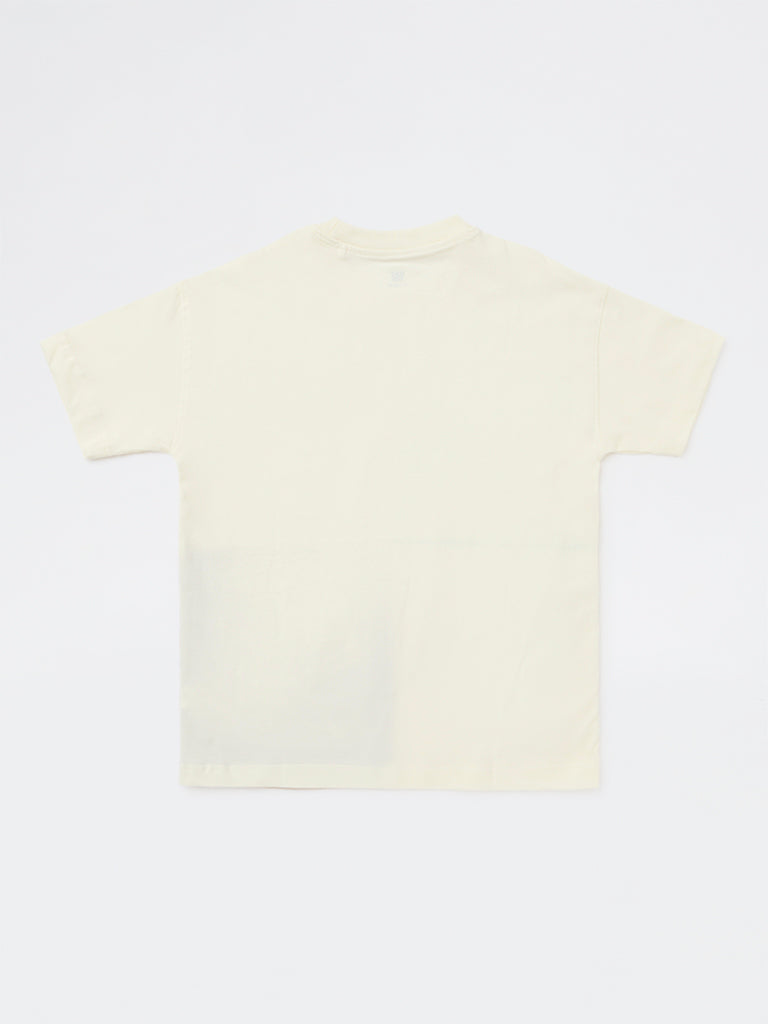 Y&F Kids Boys Off-White Printed Cotton T-Shirt