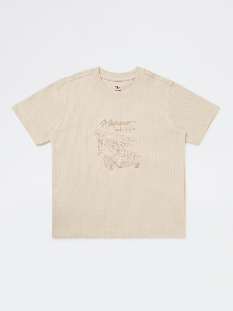 Y&F Kids Boys Beige Printed Cotton-Blend T-Shirt