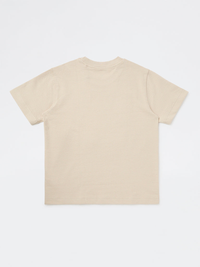 Y&F Kids Boys Beige Printed Cotton-Blend T-Shirt