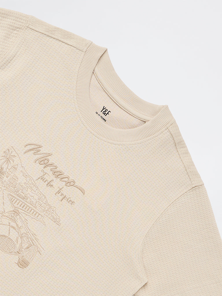 Y&F Kids Boys Beige Printed Cotton-Blend T-Shirt