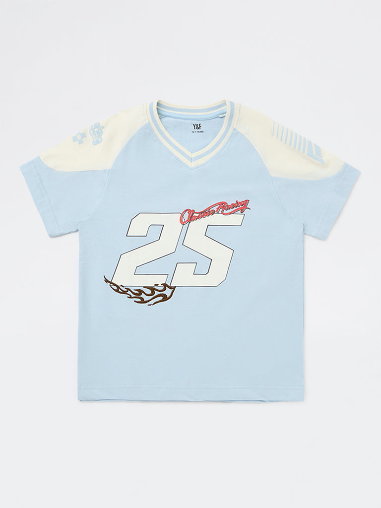 Y&F Kids Boys Light Blue Numerical Printed Cotton T-Shirt