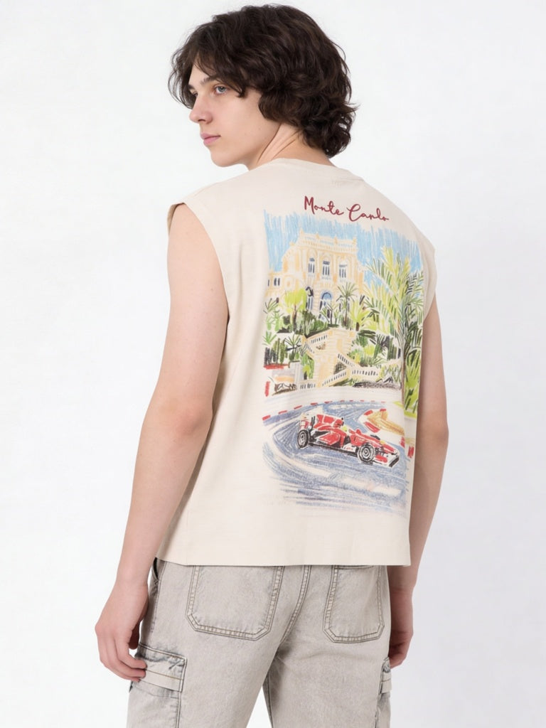 Y&F Kids Boys Off-White Landscape Printed Cotton T-Shirt