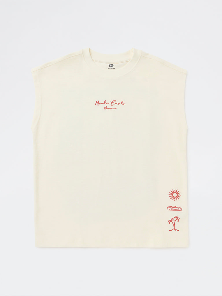 Y&F Kids Boys Off-White Landscape Printed Cotton T-Shirt