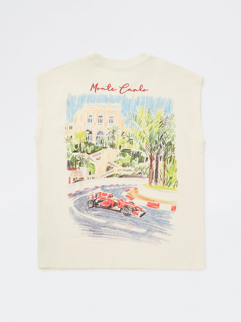 Y&F Kids Boys Off-White Landscape Printed Cotton T-Shirt