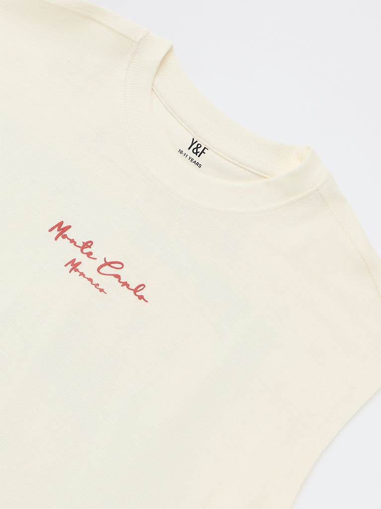 Y&F Kids Boys Off-White Landscape Printed Cotton T-Shirt
