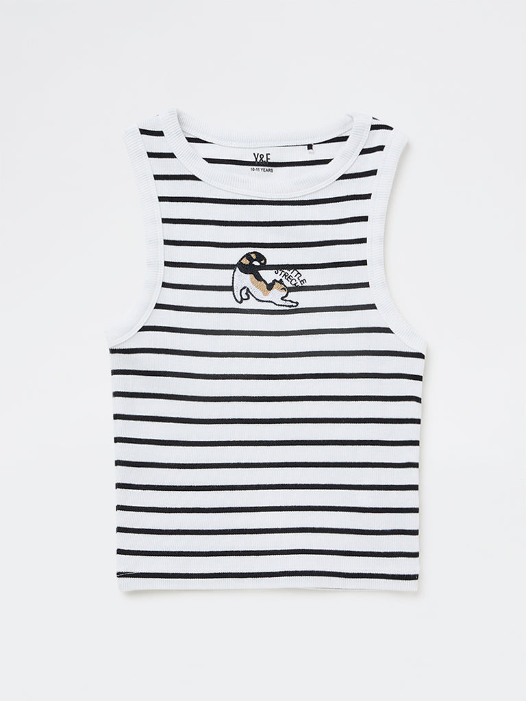 Y&F Kids Girls White Striped Cotton-Blend Top