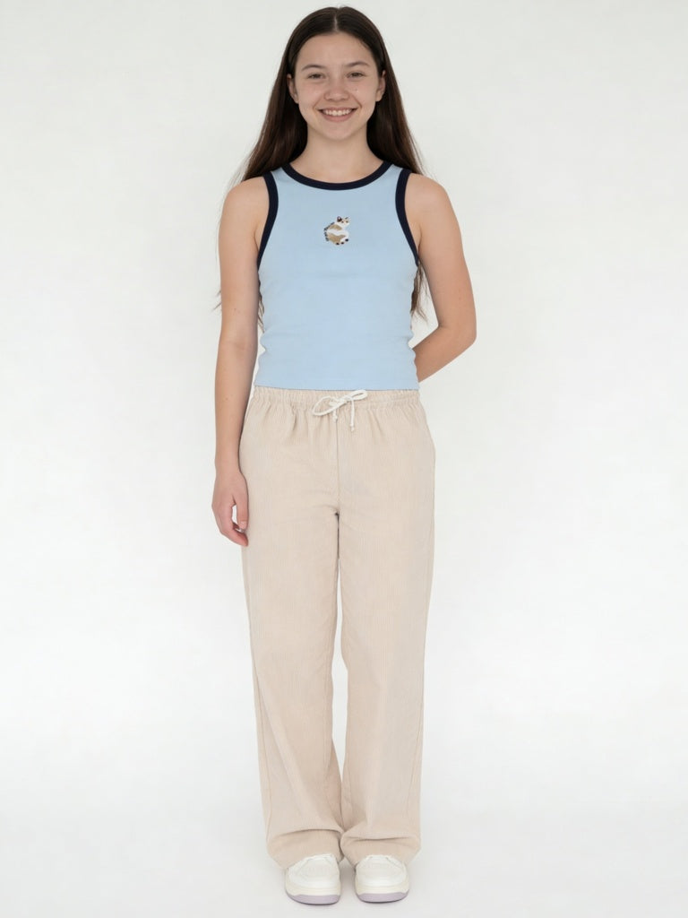 Y&F Kids Girls Light Blue Cat Embroidered Cotton-Blend Top