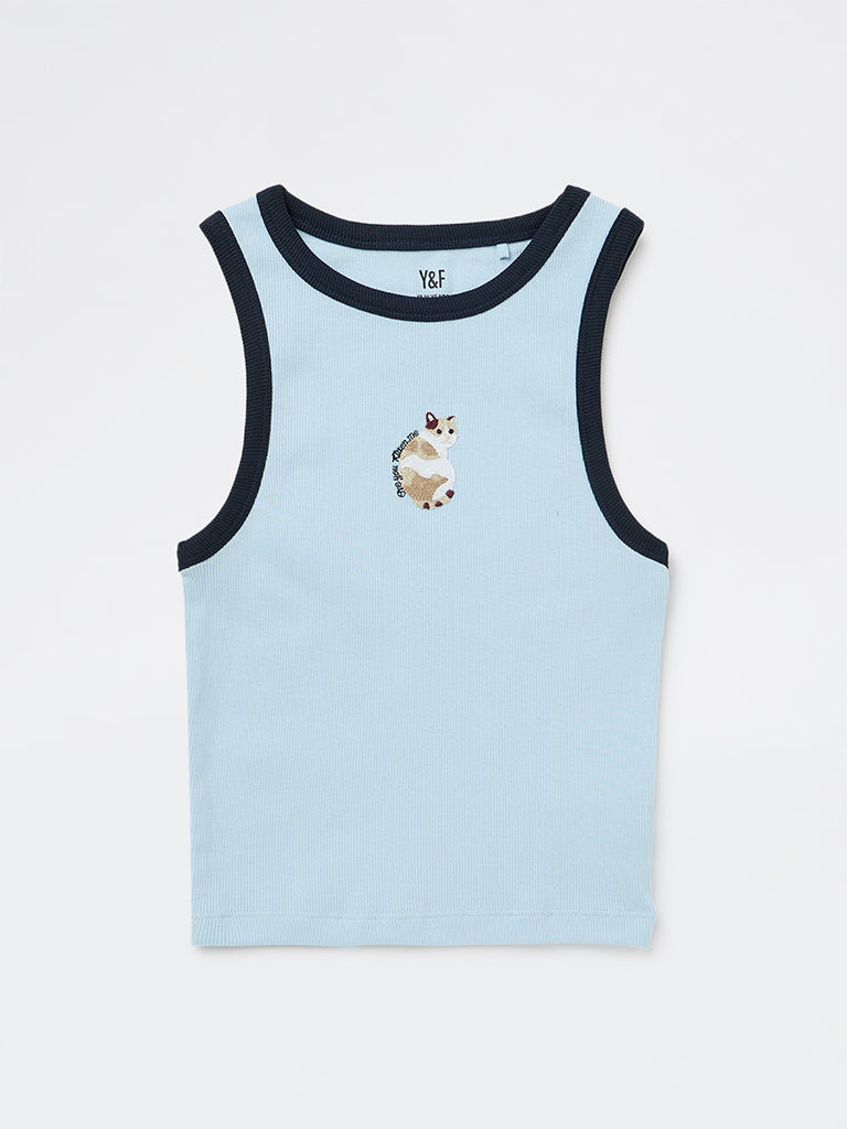 Y&F Kids Girls Light Blue Cat Embroidered Cotton-Blend Top