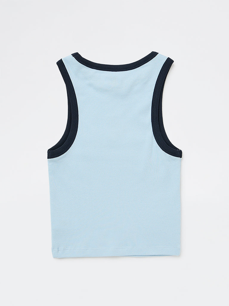Y&F Kids Girls Light Blue Cat Embroidered Cotton-Blend Top