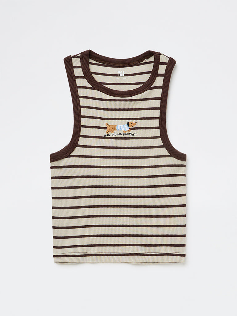 Y&F Kids Girls Brown Striped Cotton-Blend Top