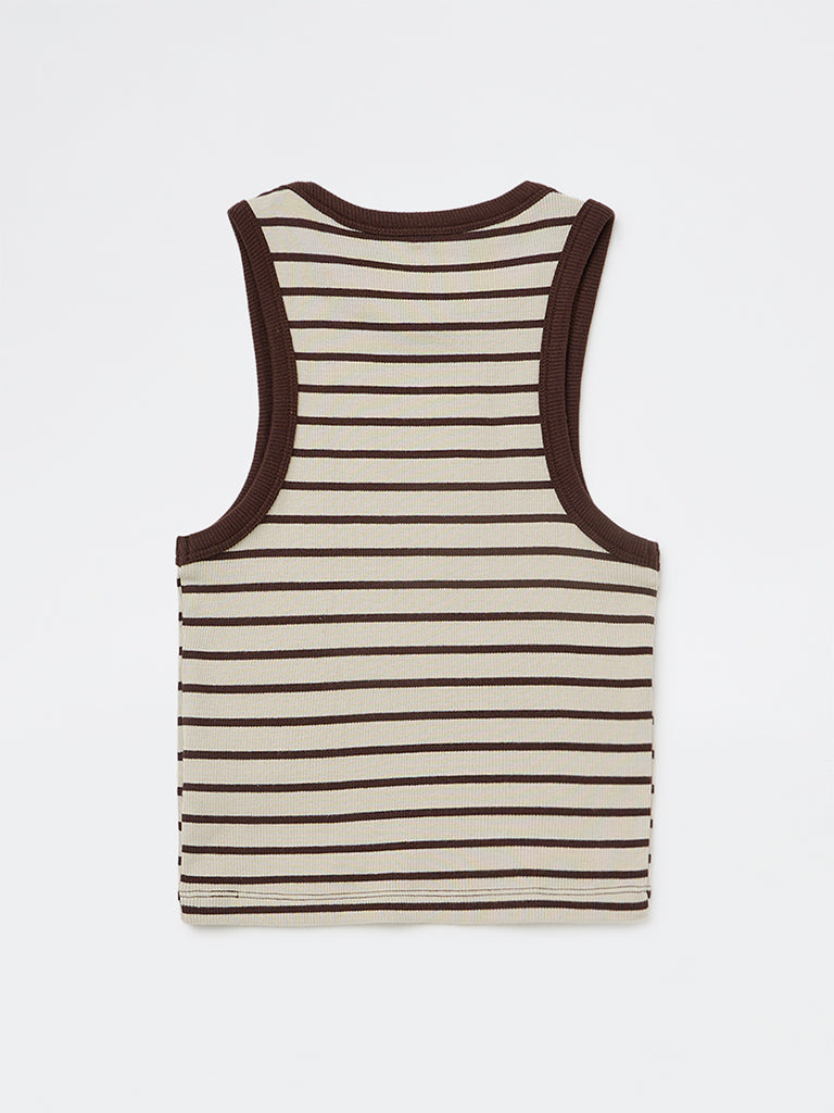 Y&F Kids Girls Brown Striped Cotton-Blend Top