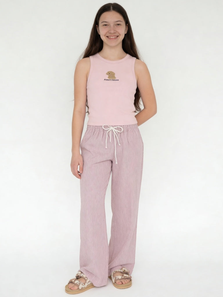Y&F Kids Girls Pink Ribbed Cotton-Blend Top