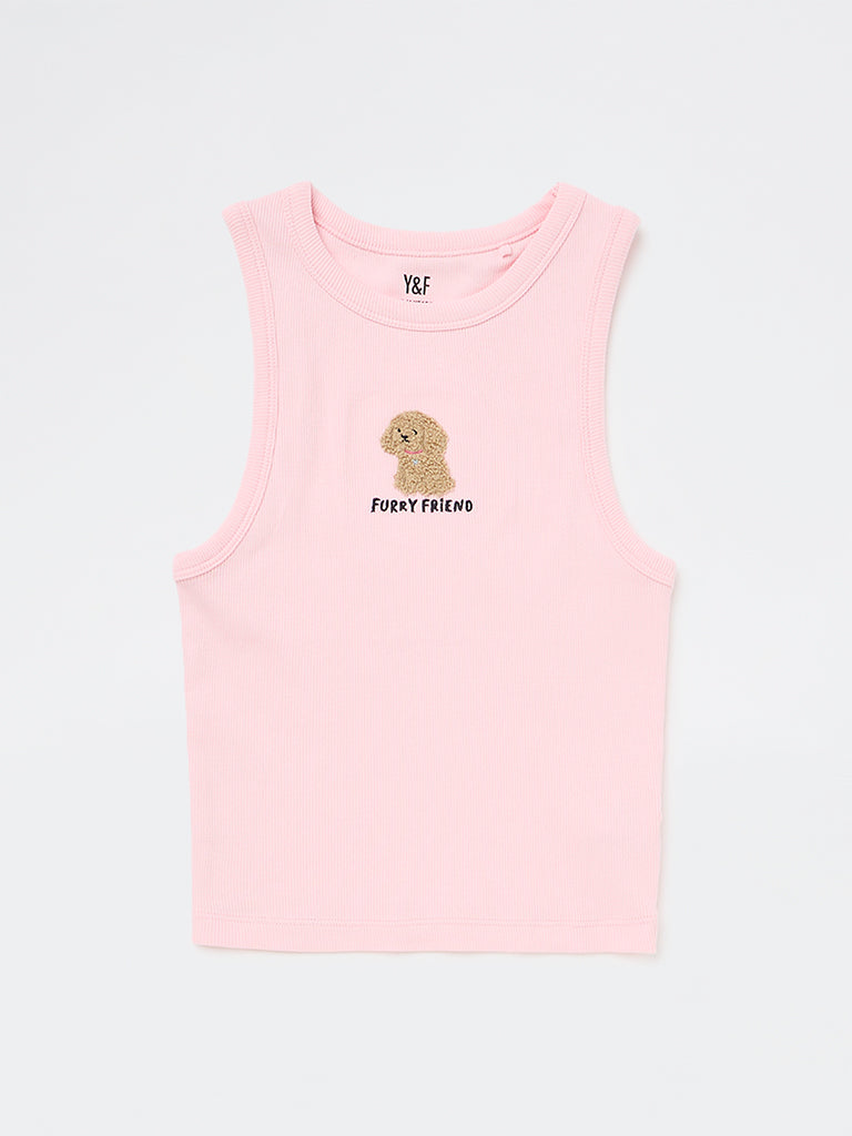 Y&F Kids Girls Pink Ribbed Cotton-Blend Top