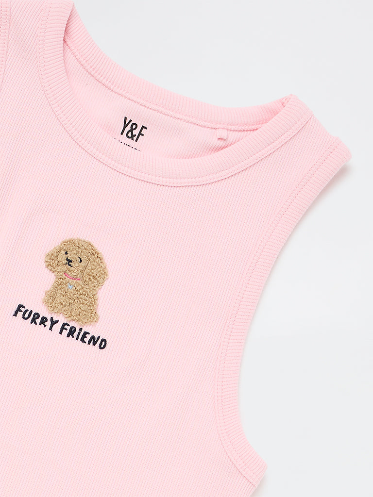 Y&F Kids Girls Pink Ribbed Cotton-Blend Top