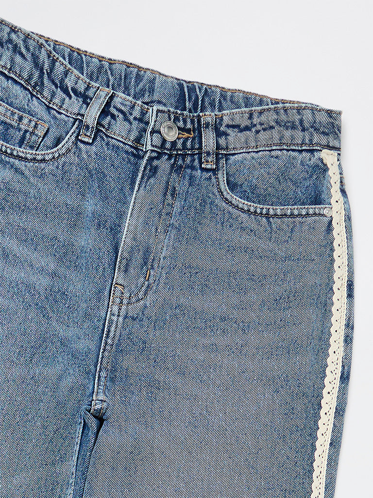 Y&F Kids Girls Blue Lace-Detailed High-Rise Relaxed-Fit Jeans