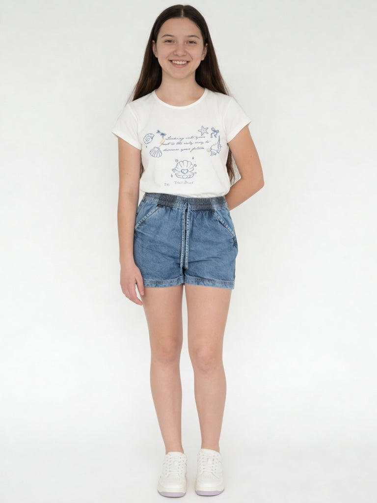 Y&F Kids Girls Blue Mid-Wash High-Rise Denim Shorts