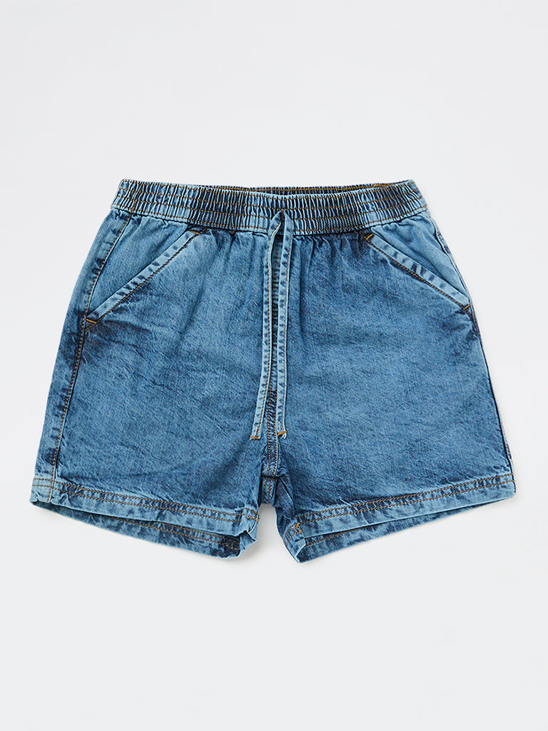 Y&F Kids Girls Blue Mid-Wash High-Rise Denim Shorts
