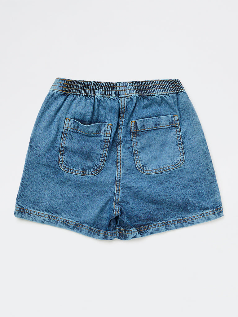 Y&F Kids Girls Blue Mid-Wash High-Rise Denim Shorts