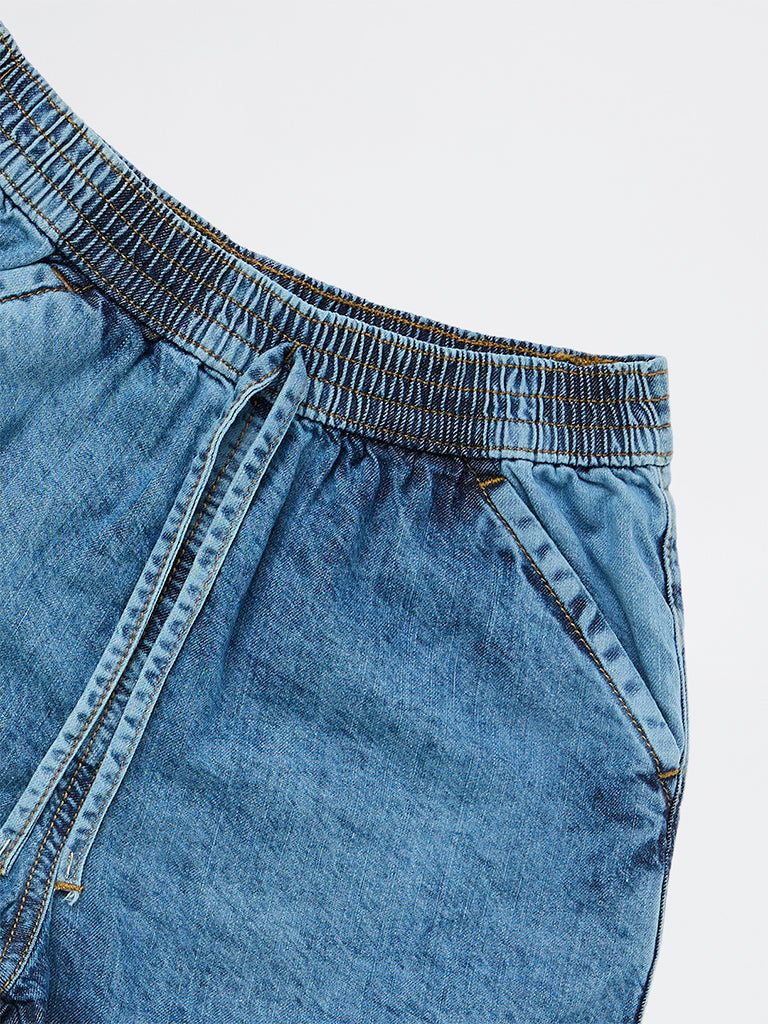 Y&F Kids Girls Blue Mid-Wash High-Rise Denim Shorts