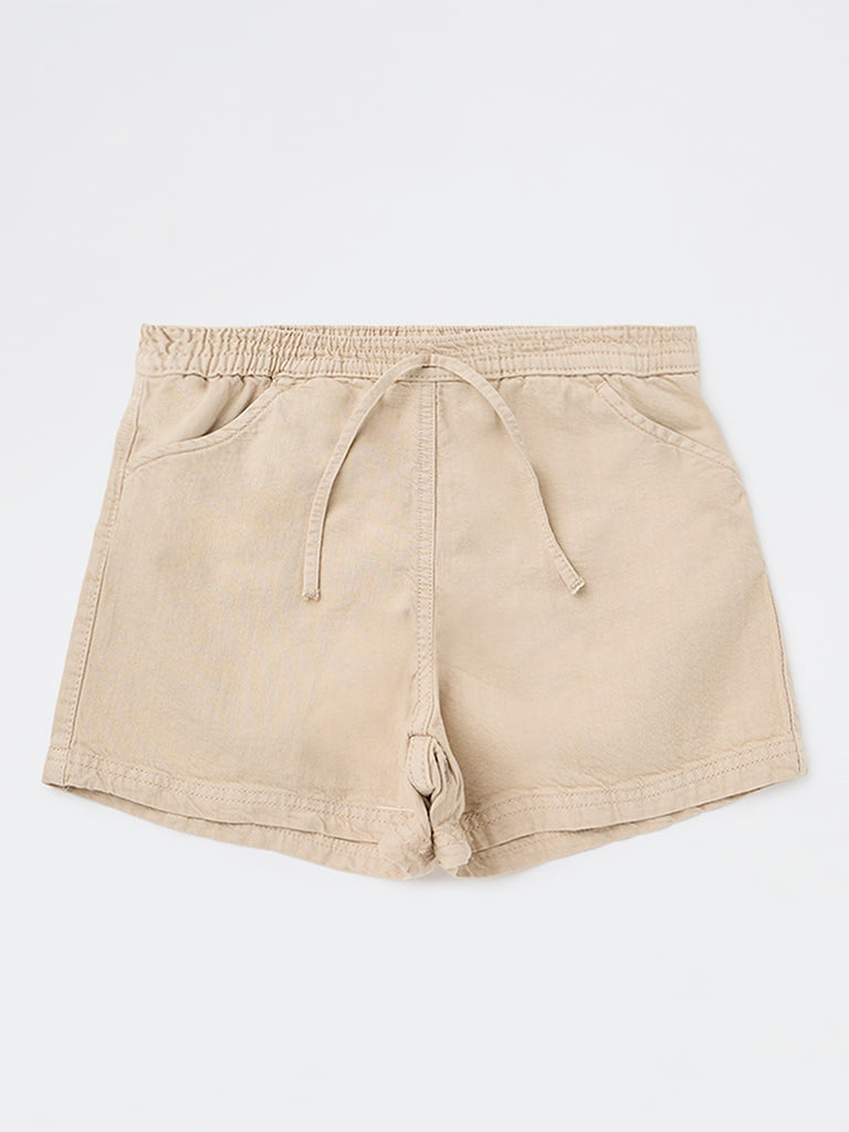 Y&F Kids Girls Beige High-Rise Cotton Shorts