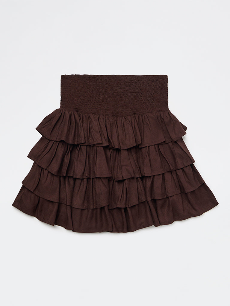 Y&F Kids Girls Brown Ruffled High-Rise Tiered Skirt