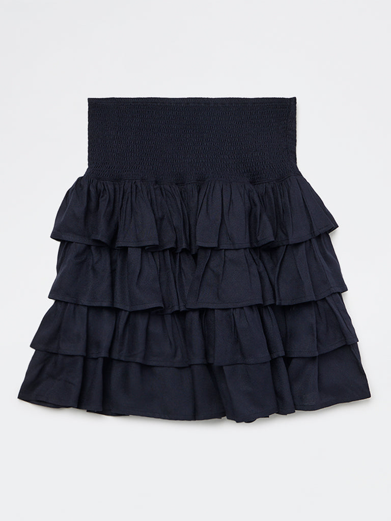 Y&F Kids Girls Navy Ruffled High-Rise Tiered Skirt