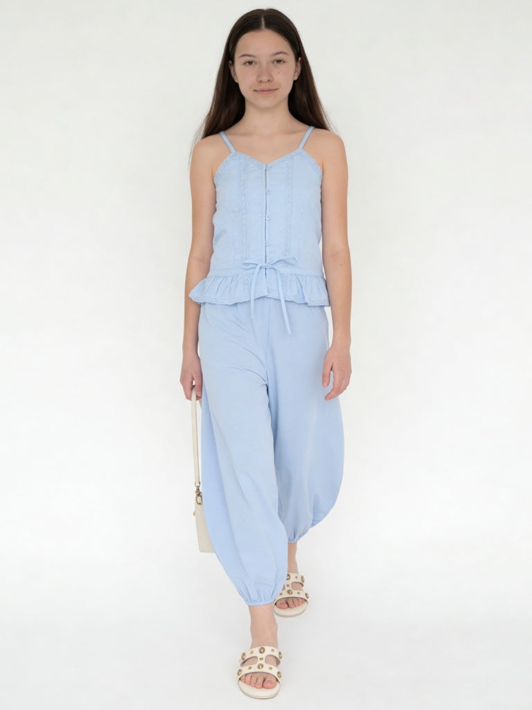 Y&F Kids Girls Blue Embroidered Cotton Top