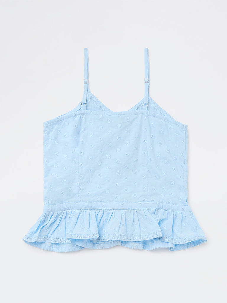 Y&F Kids Girls Blue Embroidered Cotton Top