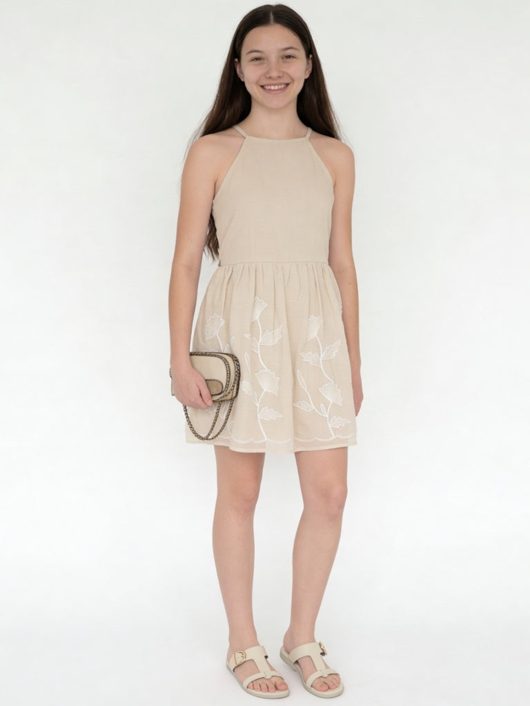 Y&F Kids Girls Beige Floral Cotton Fit-and-Flare Dress