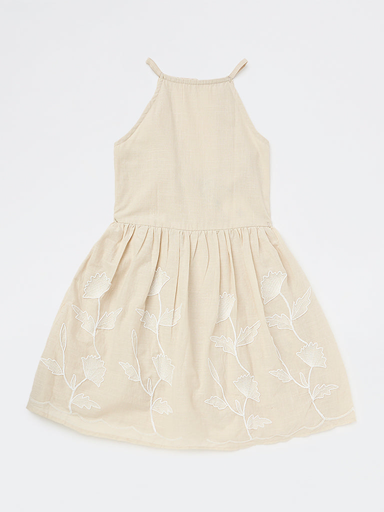 Y&F Kids Girls Beige Floral Cotton Fit-and-Flare Dress